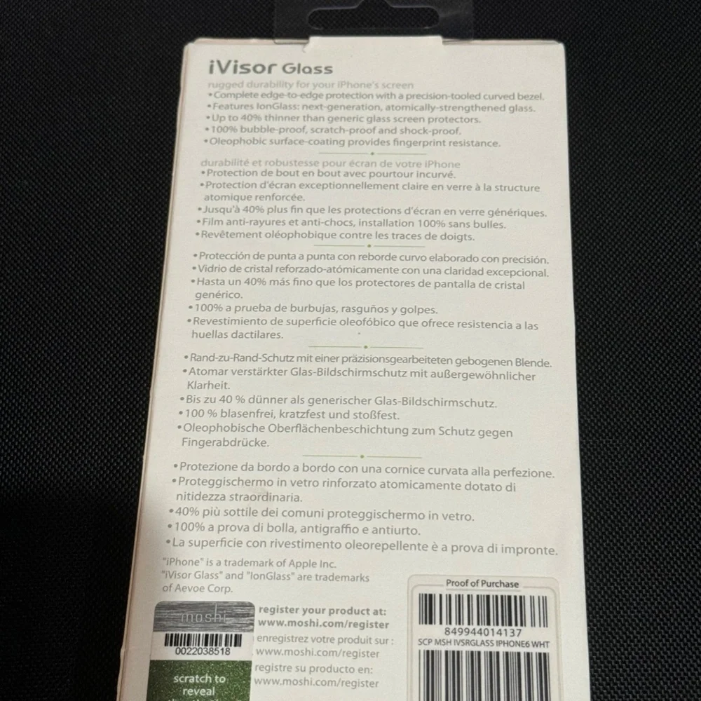 New in box Moshi Ivisor Glass screen protector for iPhone 6 (white)